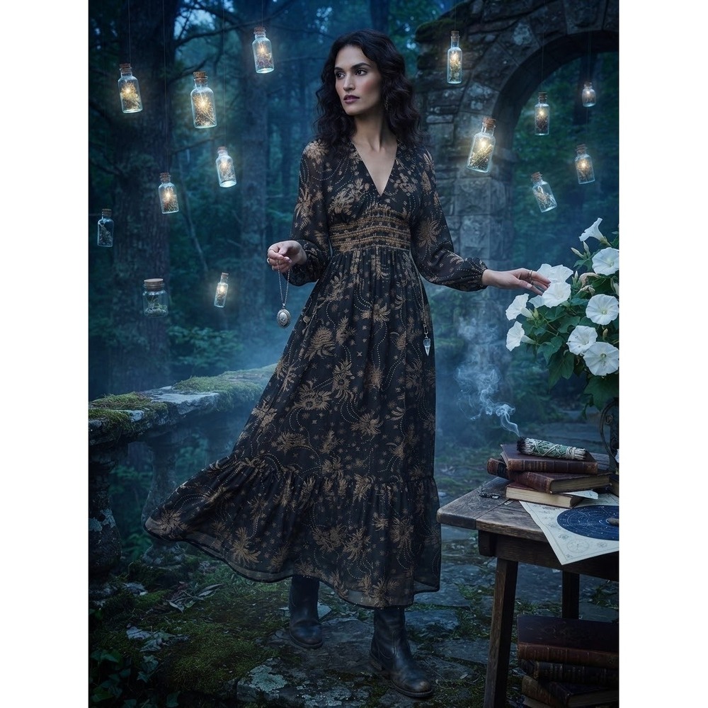 Free People Golden Hours Maxi Dress Black Sz M Practical Magic Whimsygoth Witchy
